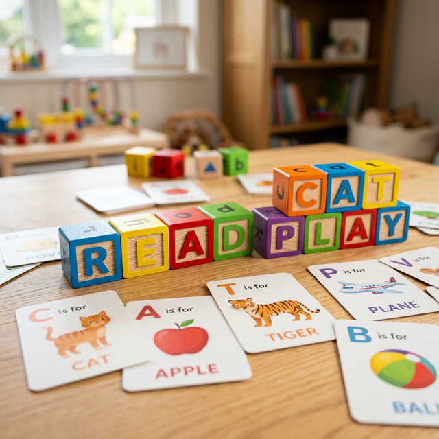 Colorful phonics blocks and flashcards on a table
