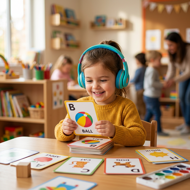 Child reading phonics book