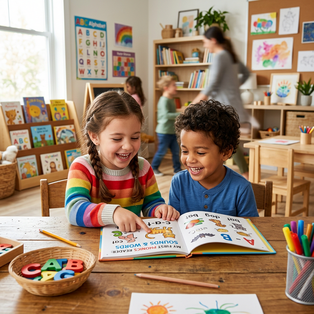 Happy kids learning to read with phonics